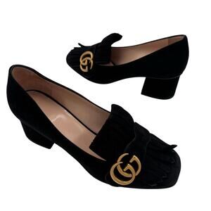 Gucci Marmont GG Fringe Kiltie Block Mid Heel Loafer Pumps Black Suede Size 37
